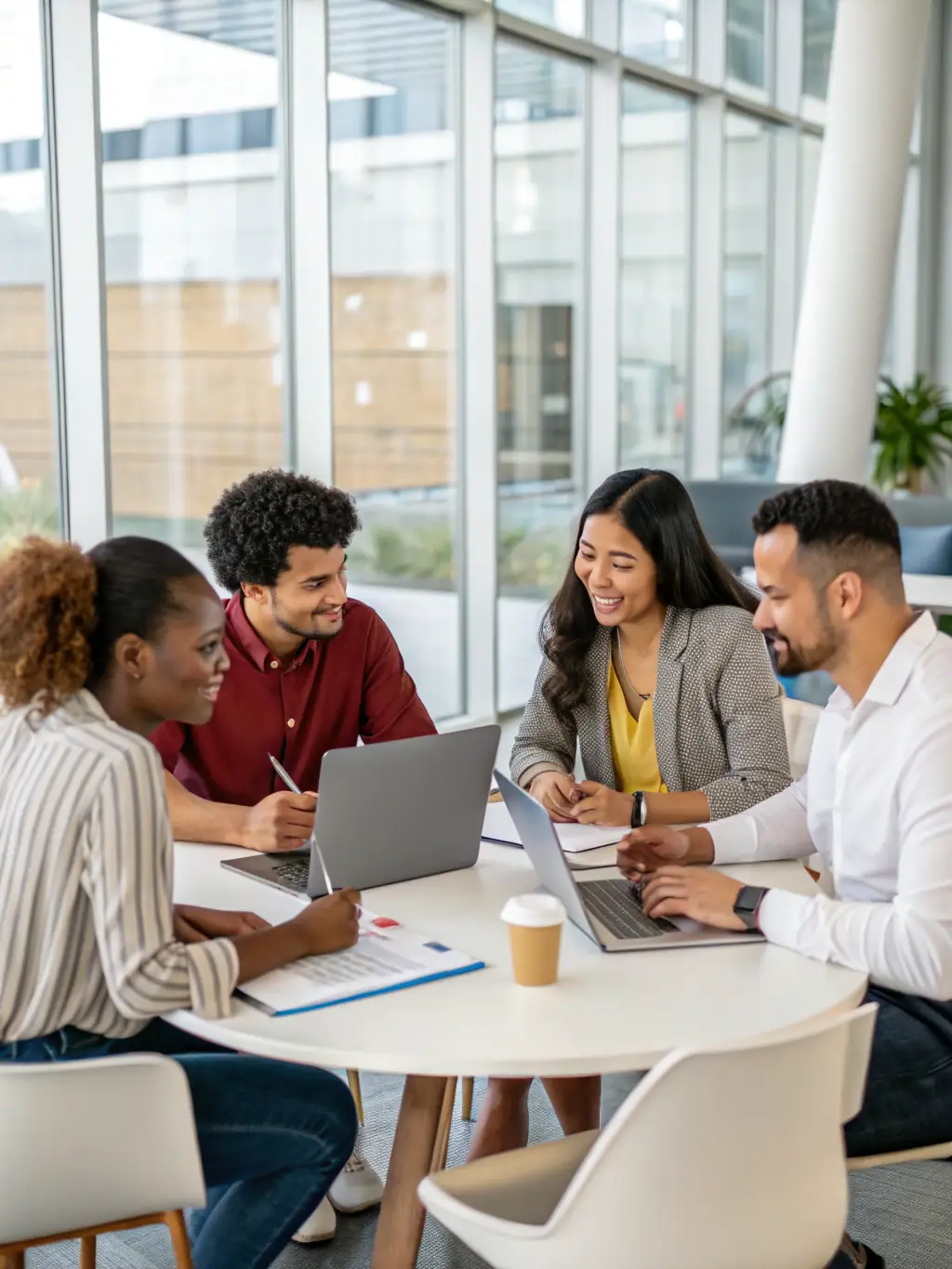 A diverse group of professionals collaborating in a modern co-working space, symbolizing networking and career advancement.