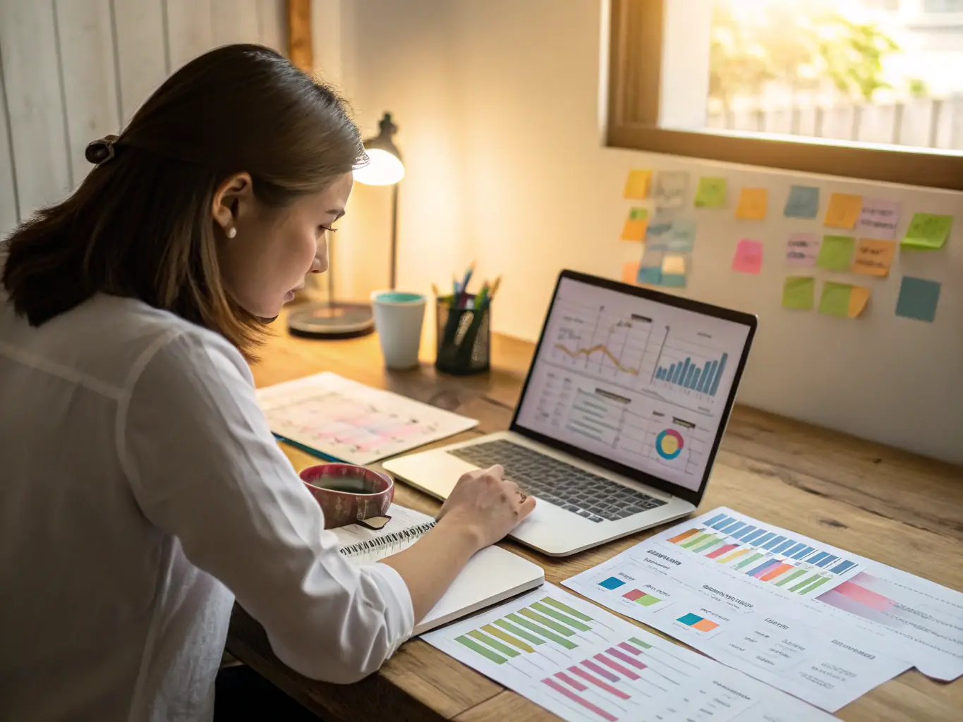 A woman reviewing financial charts and graphs on a laptop, illustrating investment strategies and financial planning for capital growth in a well-lit, modern home office.