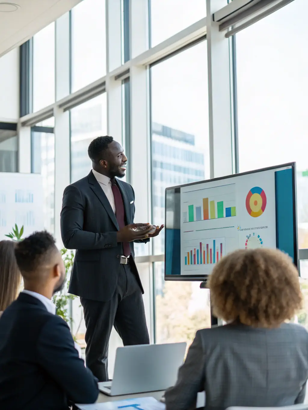 A person confidently presenting a business plan, showcasing economic planning and capital growth.