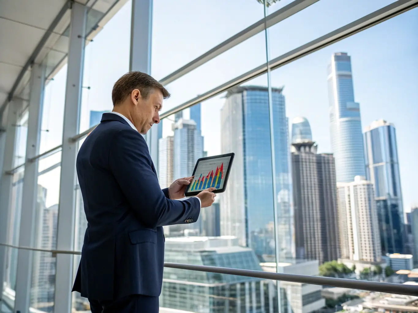 A professional man in a suit confidently presenting a personal brand strategy on a digital tablet, showcasing key metrics and growth projections in a modern office setting.