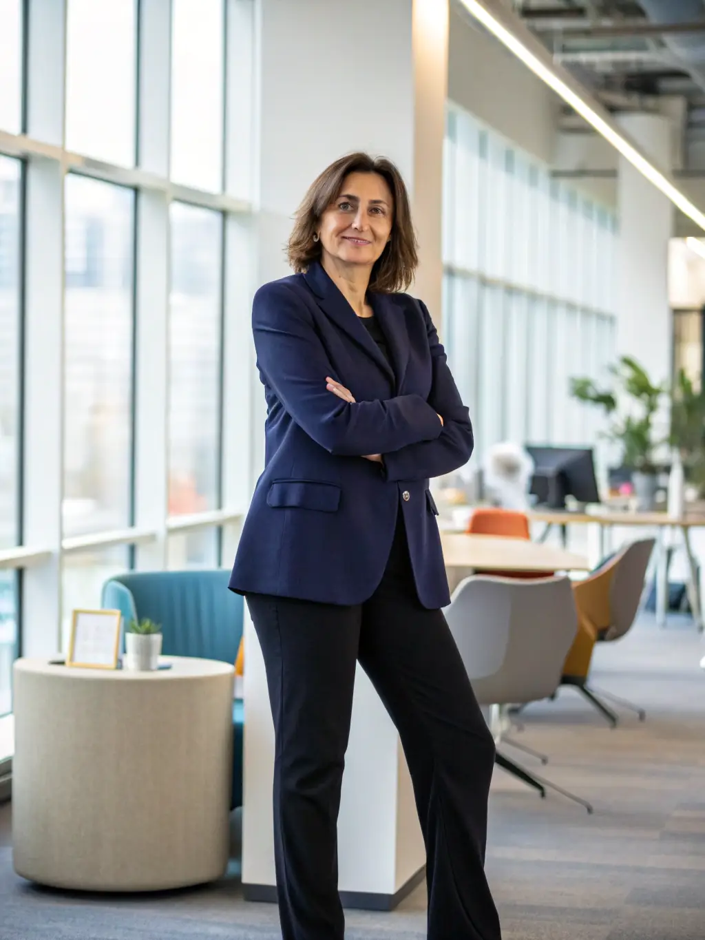 A professional headshot of a client looking confident and empowered after undergoing personal brand development, set against a backdrop of London's financial district.